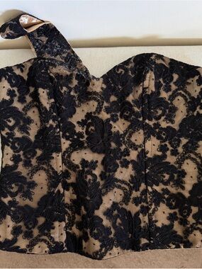 Vintage Black Lace Single Strap Bustier Top over Nude Lining. Sz S‎
